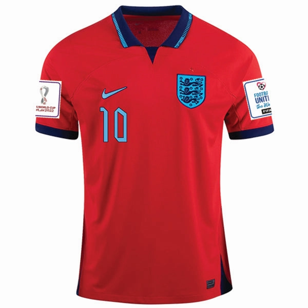 Nike England Raheem Sterling Away Jersey 22/23 w/ World Cup 2022 Patches (Challenge Red/Blue Void) Any Activity Quick Release Hem