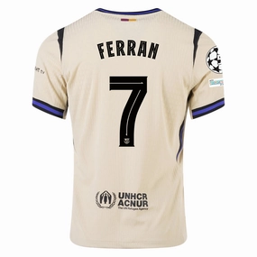 Taped Shoulder Seams Hyper Fit Nike Ferran Torres Men's FC Barcelona Authentic Away Jersey w/ Champions League Patches (Team Gold/Persian Violet/Black)