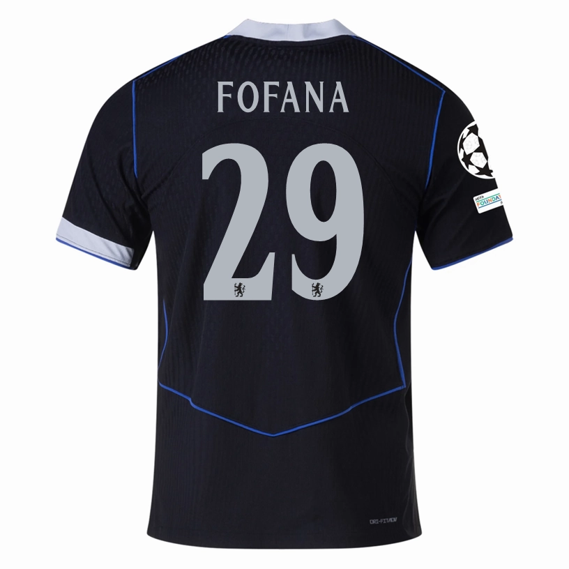 Friction control Ultra Soft Feel Nike Fofana Chelsea T90 Authentic Third Jersey w/ Champions League & World Champions Patch 25/26 (Black/Silver)