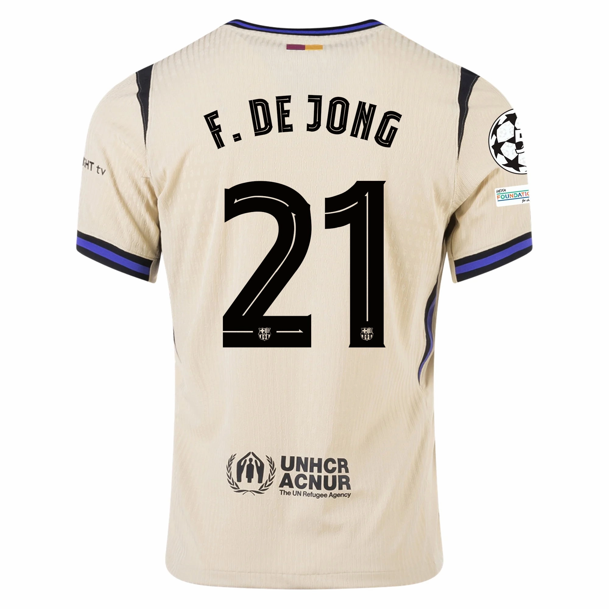 Anti Static Treatment Reliable Fit Nike Frenkie De Jong Men's FC Barcelona Authentic Away Jersey w/ Champions League Patches (Team Gold/Persian Violet/Black)