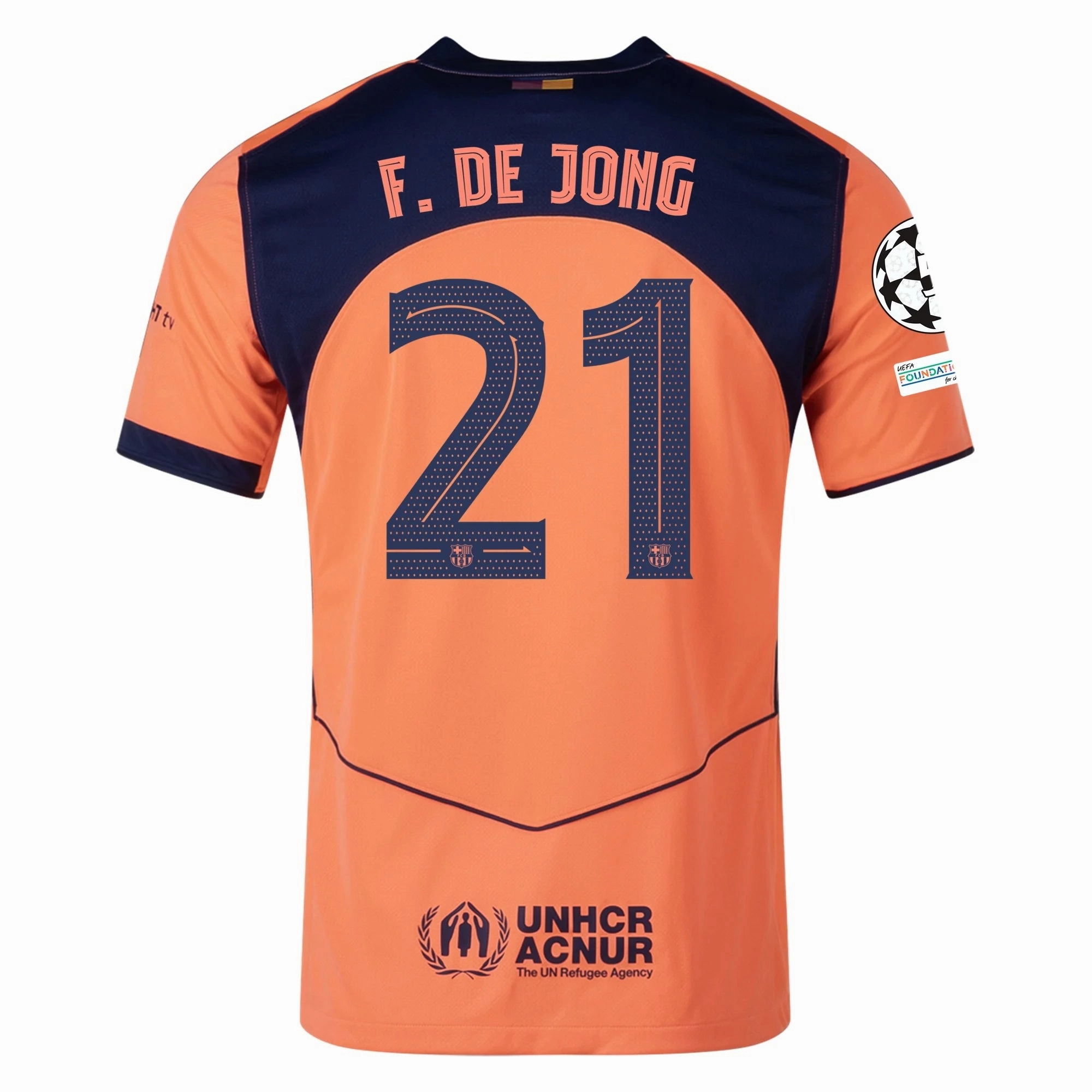 Technical Build Nike Frenkie De Jong Men's FC Barcelona T90 Third Jersey 25/26 w/ Champions League Patches (Mango/Navy)