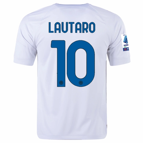 Nike Inter Milan Lautaro Martinez Away Jersey w/ Series A   Copa Italia Patches 23/24 (White/Lyon Blue) Enhanced Durability Reinforcement