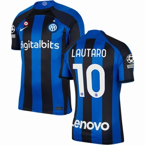 High Stretch Elastic Cuffs Nike Inter Milan Lautaro Martinez Home Jersey w/ Champions League Patches 22/23 (Lyon Blue/Black)