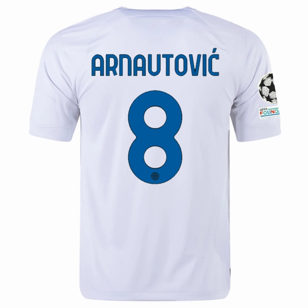 Nike Inter Milan Marco Arnautovic Away Jersey w/ Champions League   Copa Italia Patches 23/24 (White/Lyon Blue) Layered Thermal Protection Street Edge