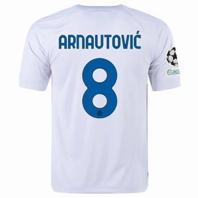 Nike Inter Milan Marco Arnautovic Away Jersey w/ Champions League   Copa Italia Patches 23/24 (White/Lyon Blue) Layered Thermal Protection Street Edge