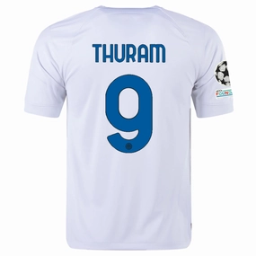 Airy material Nike Inter Milan Marcus Thuram Away Jersey w/ Champions League   Copa Italia Patches 23/24 (White/Lyon Blue)