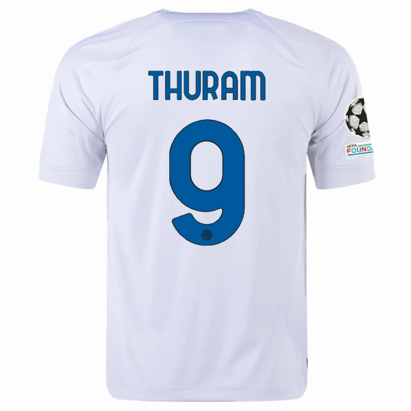 Airy material Nike Inter Milan Marcus Thuram Away Jersey w/ Champions League   Copa Italia Patches 23/24 (White/Lyon Blue)