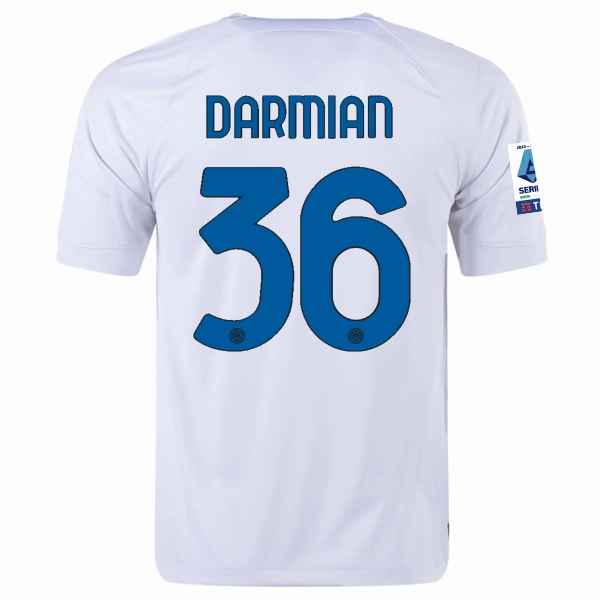 Nike Inter Milan Matteo Darmian Away Jersey w/ Series A   Copa Italia Patches 23/24 (White/Lyon Blue) Breathable Mesh Panels All-Day Wear