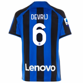 Matte Surface Finish Lean Motion Nike Inter Milan Stefan Devrij Home Jersey w/ Serie A   Copa Italia Patches 22/23 (Lyon Blue/Black)