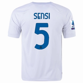 Wicking Channel Technology Classic Fit Nike Inter Milan Stefano Sensi Away Jersey w/ Series A   Copa Italia Patches 23/24 (White/Lyon Blue)