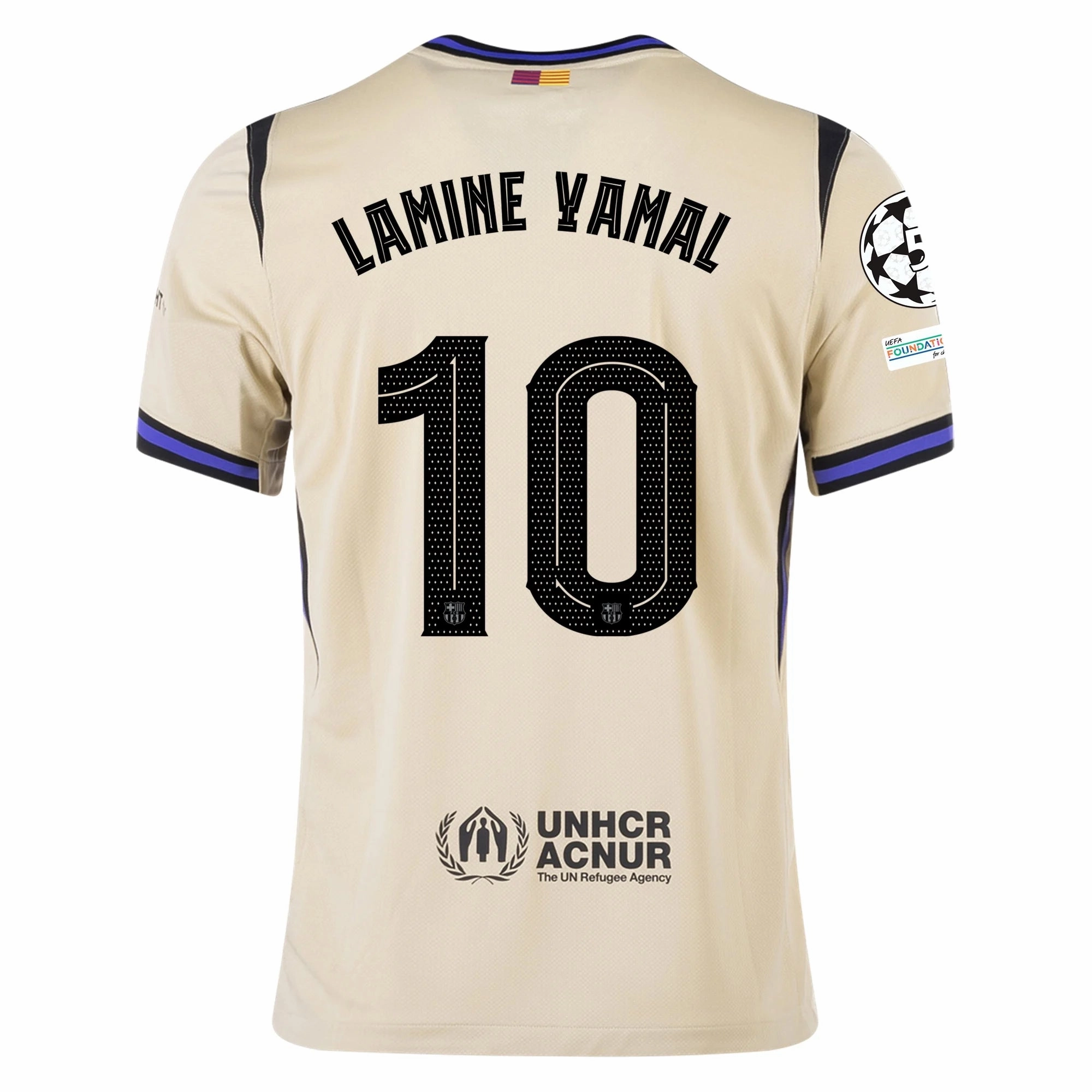 Non Restrictive Silhouette Soft Brushed Interior Nike Lamine Yamal Men's FC Barcelona Away Jersey 25/26 w/ Champions League Patches (Team Gold/Persion Violet/Black)