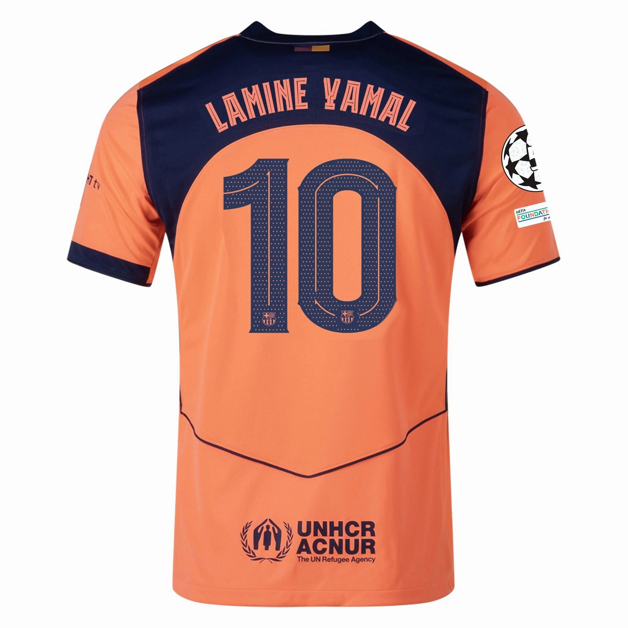 Nike Lamine Yamal Men's FC Barcelona T90 Third Jersey 25/26 w/ Champions League Patches (Mango/Navy) Soft Binding Edges Abrasion Defensive Layer