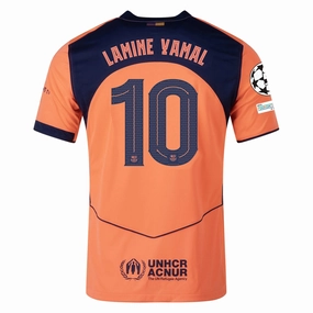 Nike Lamine Yamal Men's FC Barcelona T90 Third Jersey 25/26 w/ Champions League Patches (Mango/Navy) Soft Binding Edges Abrasion Defensive Layer