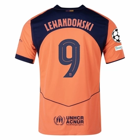 Nike Lewandowski Men's FC Barcelona T90 Third Jersey 25/26 w/ Champions League Patches (Mango/Navy) Sweat Wicking Ribbing
