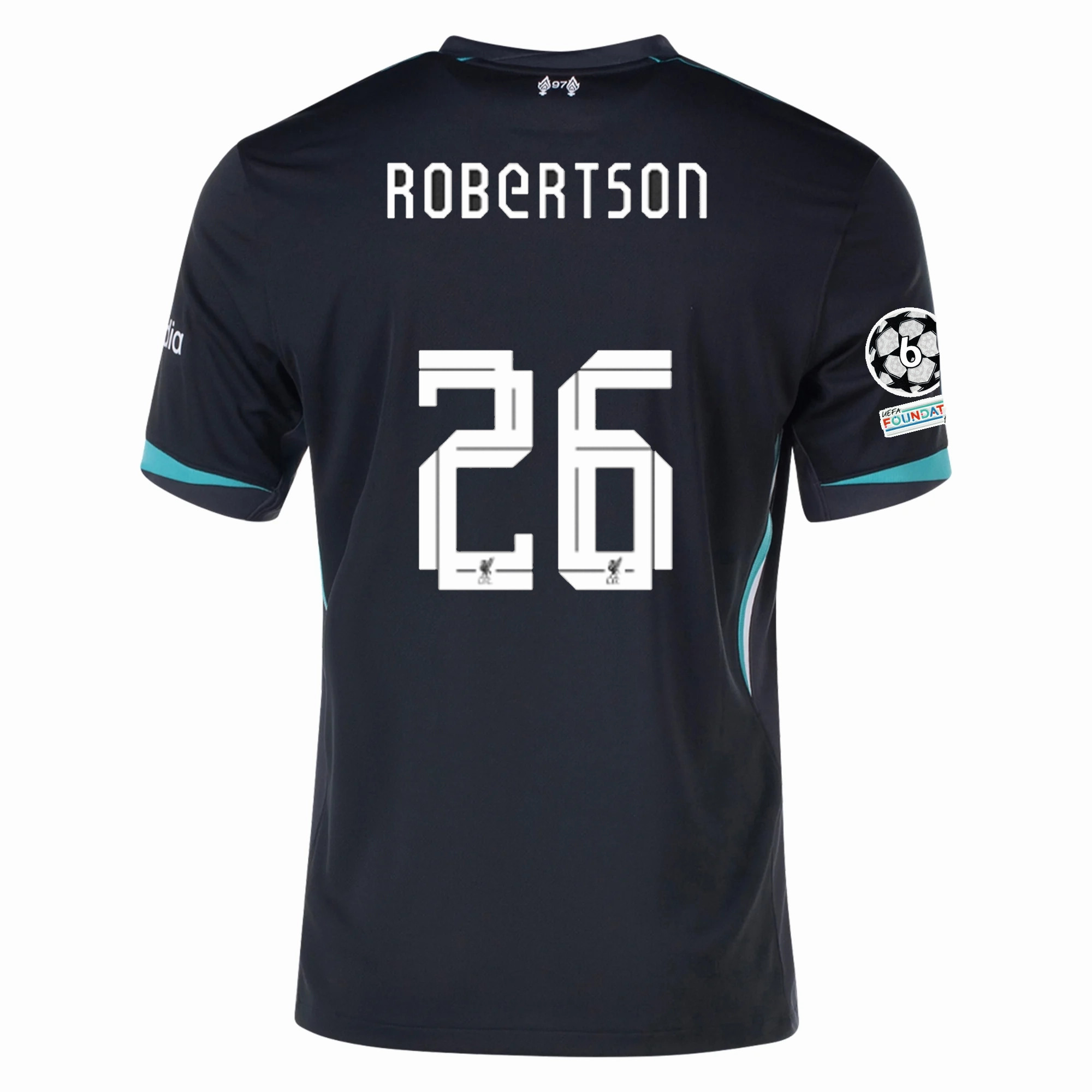 Double Stitched Edging Nike Liverpool Andy Robertson Away Jersey w/ Champions League Patches 24/25 (Night Forest/Washed Teal)