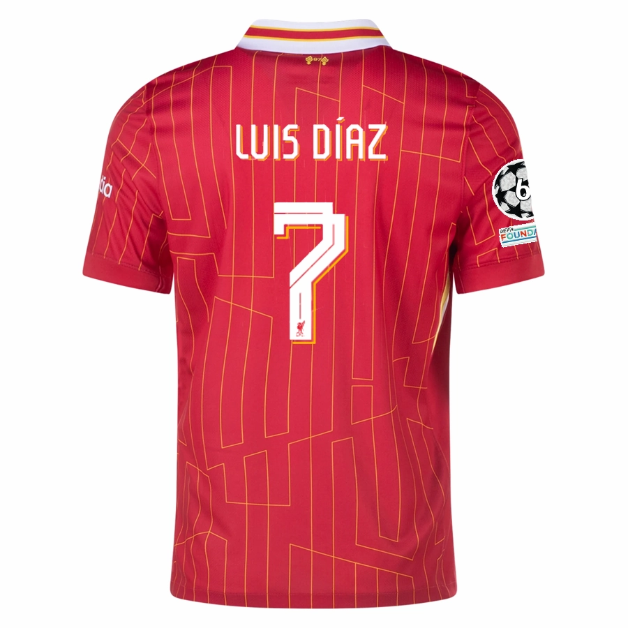 Nike Liverpool Luis Diaz Home Jersey w/ Champions League Patches 24/25 (Gym Red/Chrome Yellow) Durable Performance Quick Drying