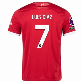 Nike Liverpool Luis Diaz Home Jersey w/ EPL   No Room For Racism Patches 23/24 (Red/White) Durable Moisture Management Power Comfort