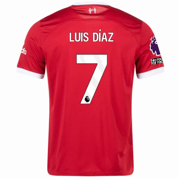 Nike Liverpool Luis Diaz Home Jersey w/ EPL   No Room For Racism Patches 23/24 (Red/White) Durable Moisture Management Power Comfort