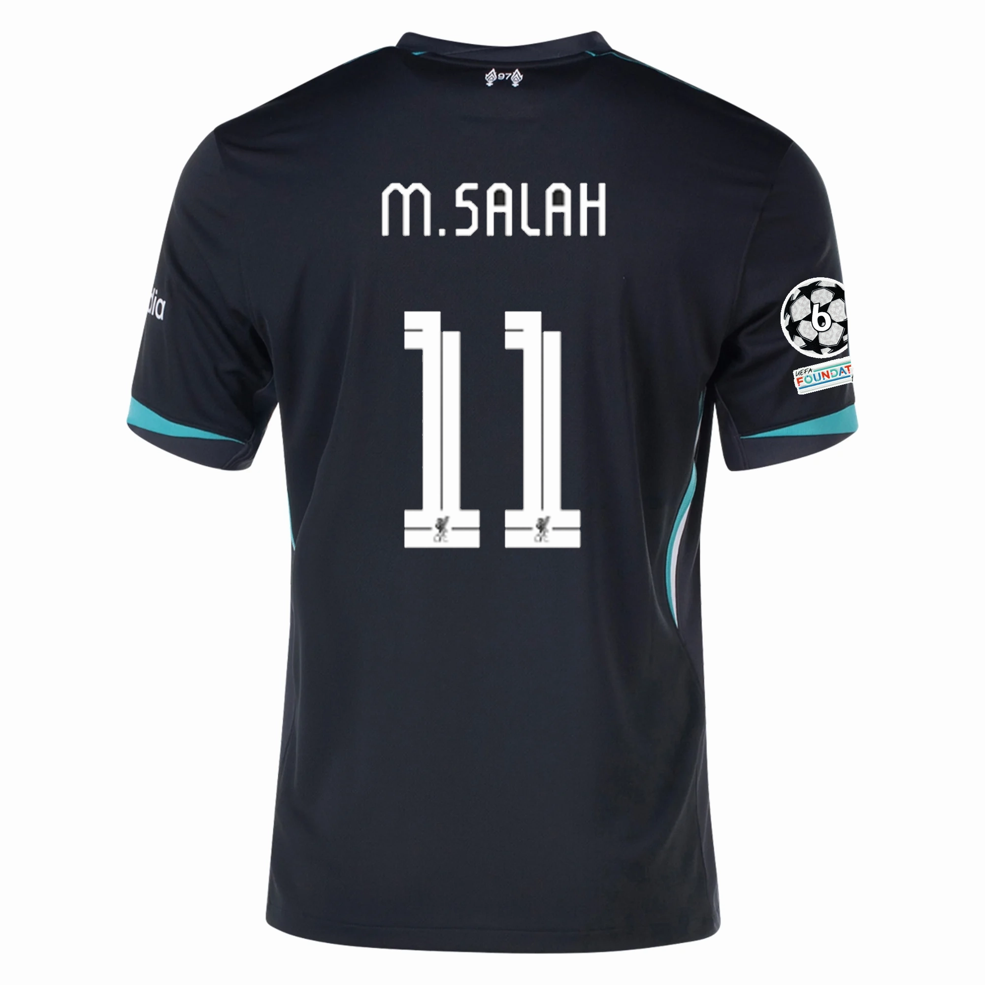 Core Layer Ergonomic Pattern Design Nike Liverpool Mohamed Salah Away Jersey w/ Champions League Patches 24/25 (Night Forest/Washed Teal)