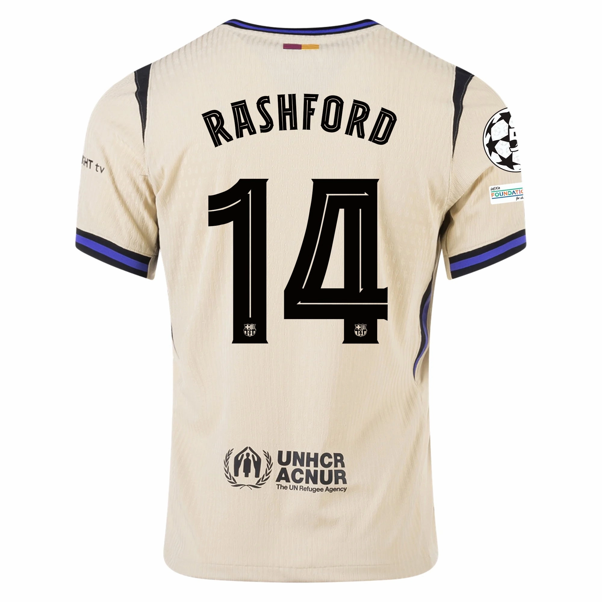 Breathable knit Clean Finish Nike Marcus Rashford Men's FC Barcelona Authentic Away Jersey w/ Champions League Patches (Team Gold/Persian Violet/Black)