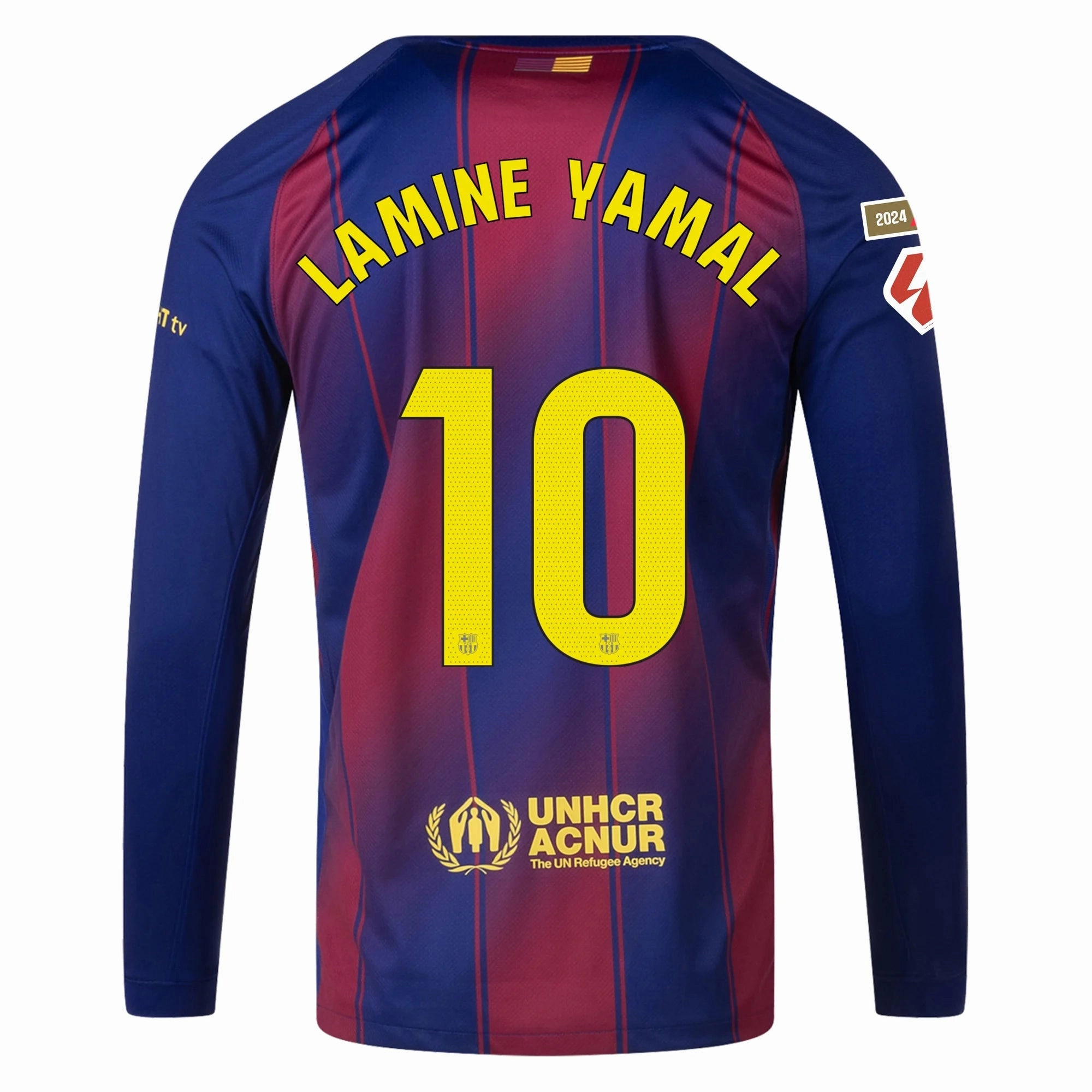 Nike Men's Lamine Yamal Barcelona 25/26 Long Sleeve Home Jersey w/ La Liga Patches (Deep Royal Blue/Midwest Gold) Moisture Transfer Reinforced Shoulder Seams