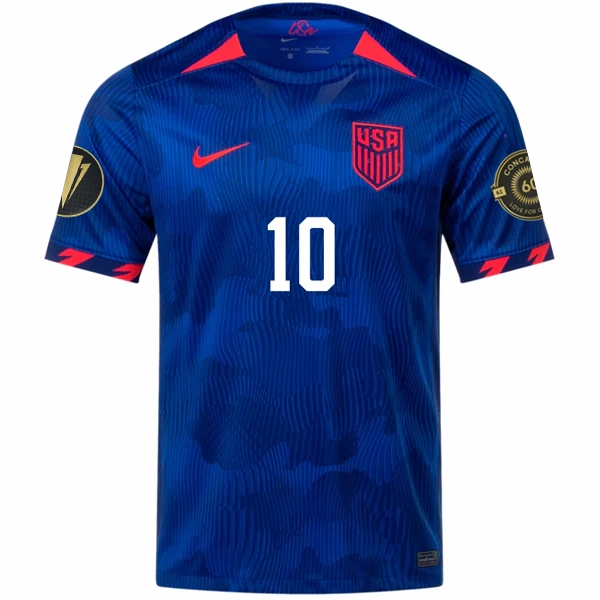 Low Profile Seam Construction Nike Mens United States Christian Pulisic Away Jersey w/ Gold Cup Patches 23/24 (Hyper Royal/Loyal Blue)