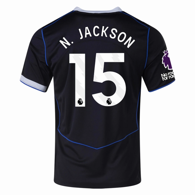 No Pressure Non Restrictive Armholes Nike N.Jackson Chelsea T90 Third Jersey w/ EPL   NRFR   CWCC Patch 25/26 (Black/Silver)
