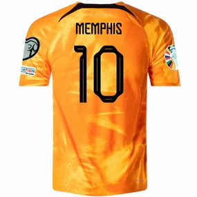 Nike Netherlands Memphis Depay Home Match Authentic Jersey w/ Euro Qualifying Patches 22/23 (Laser Orange/Black) Lightweight Knit