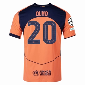 Nike Olmo Men's FC Barcelona T90 Third Jersey 25/26 w/ Champions League Patches (Mango/Navy) Friction Resistant Coating Easy Stretch