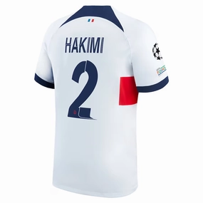 Nike Paris Saint-Germain Achraf Hakimi Away Jersey w/ Champions League Patches 23/24 (White/Midnight Navy) Free Motion