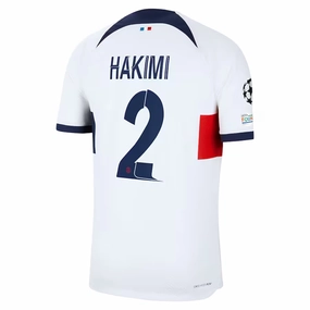 Wind Resistant Outer Layer Nike Paris Saint-Germain Authentic Archaf Hakimi Match Vaporknit Away Jersey w/ Champions League Patches 23/24 (White/Midnight Navy)