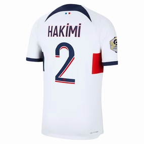 Nike Paris Saint-Germain Authentic Archaf Hakimi Match Vaporknit Away Jersey w/ Ligue 1 Patch 23/24 (White/Midnight Navy) Weightless Feel Moisture Management System