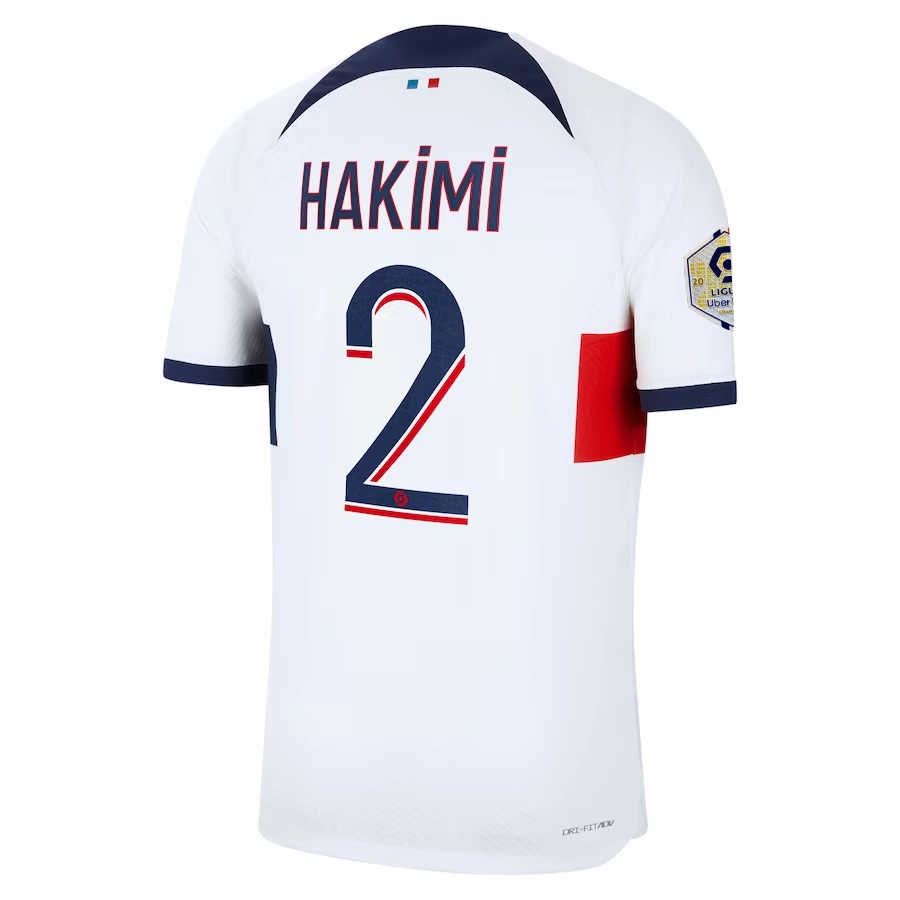 Nike Paris Saint-Germain Authentic Archaf Hakimi Match Vaporknit Away Jersey w/ Ligue 1 Patch 23/24 (White/Midnight Navy) quick dry