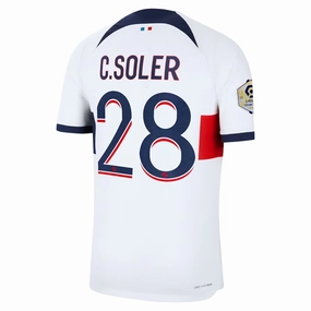 Chic Comfort Non Restrictive Silhouette Nike Paris Saint-Germain Authentic Carlos Soler Match Vaporknit Away Jersey w/ Ligue 1 Patch 23/24 (White/Midnight Navy)
