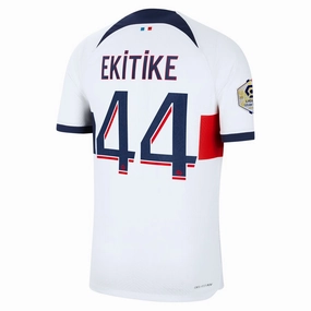 Nike Paris Saint-Germain Authentic Ekitike Match Vaporknit Away Jersey w/ Ligue 1 Patch 23/24 (White/Midnight Navy) Smooth Surface Finish