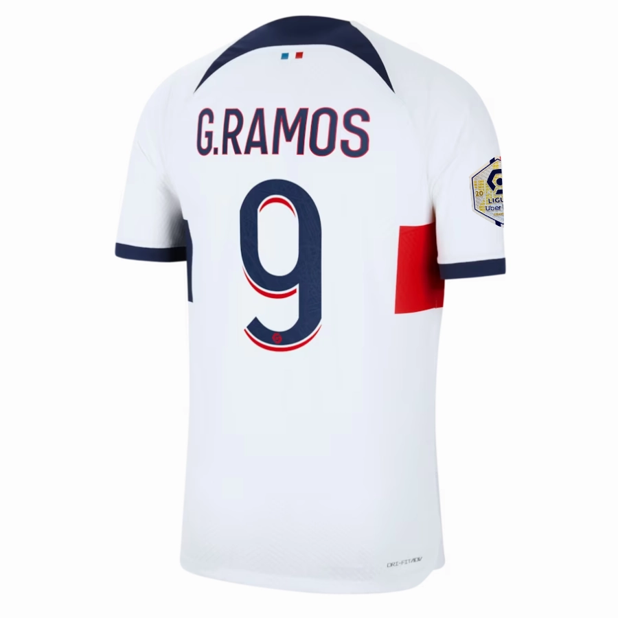 Mesh Panel Placement Non Binding Edgework Nike Paris Saint-Germain Authentic Goncalo Ramos Match Vaporknit Away Jersey w/ Ligue 1 Patch 23/24 (White/Midnight Navy)