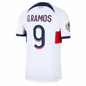 Nike Paris Saint-Germain Authentic Goncalo Ramos Match Vaporknit Away Jersey w/ Ligue 1 Patch 23/24 (White/Midnight Navy) Comfort-Based Gear Ultimate Comfort