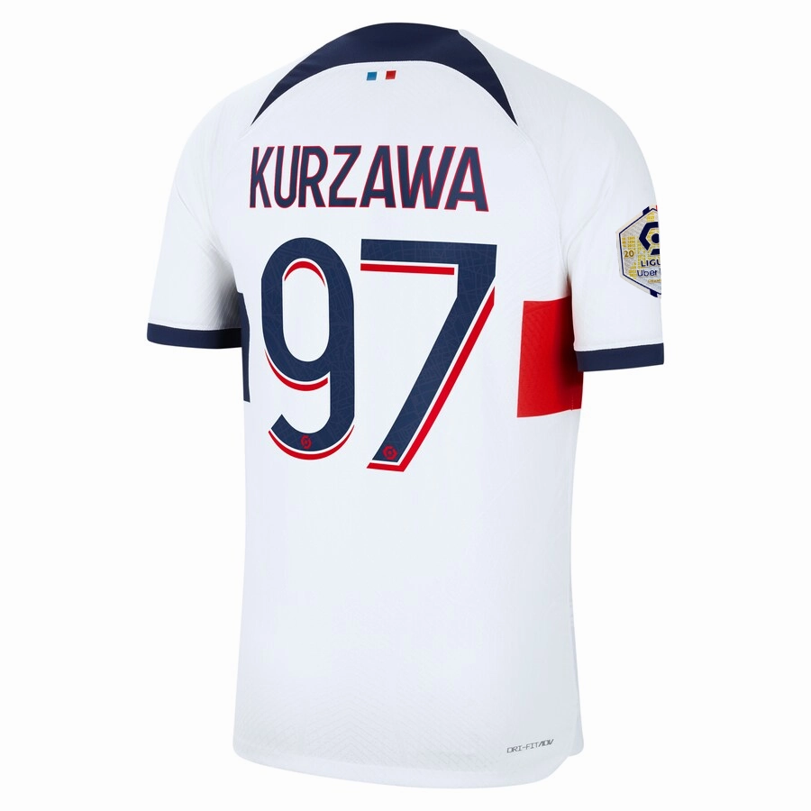 Cooling mesh Nike Paris Saint-Germain Authentic Kurzawa Match Vaporknit Away Jersey w/ Ligue 1 Patch 23/24 (White/Midnight Navy)