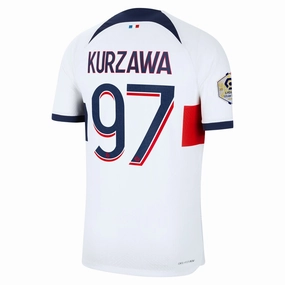 Non Restrictive Cuffs Seam Free Underarm Venting Nike Paris Saint-Germain Authentic Kurzawa Match Vaporknit Away Jersey w/ Ligue 1 Patch 23/24 (White/Midnight Navy)