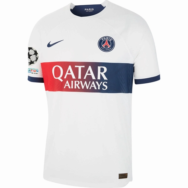 Warm Up anti static coating Nike Paris Saint-Germain Authentic Match Vaporknit Away Jersey w/ Champions League Patches 23/24 (White/Midnight Navy)