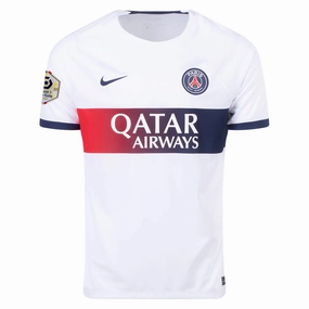 Nike Paris Saint-Germain Away Jersey w/ Ligue 1 Patch 23/24 (White/Midnight Navy) Hybrid Fabric Blends