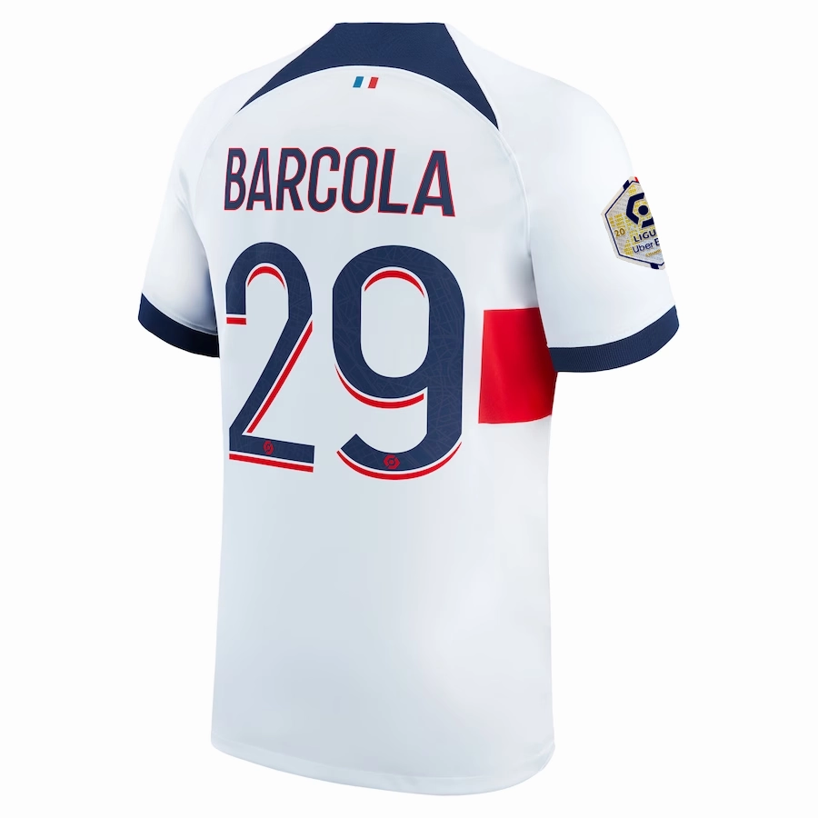 Bonded Armhole Nike Paris Saint-Germain Bradley Barcola Away Jersey w/ Ligue 1 Patch 23/24 (White/Midnight Navy)