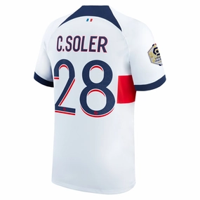 Nike Paris Saint-Germain Carlos Soler Away Jersey w/ Ligue 1 Patch 23/24 (White/Midnight Navy) Wind Resistant Outer Layer
