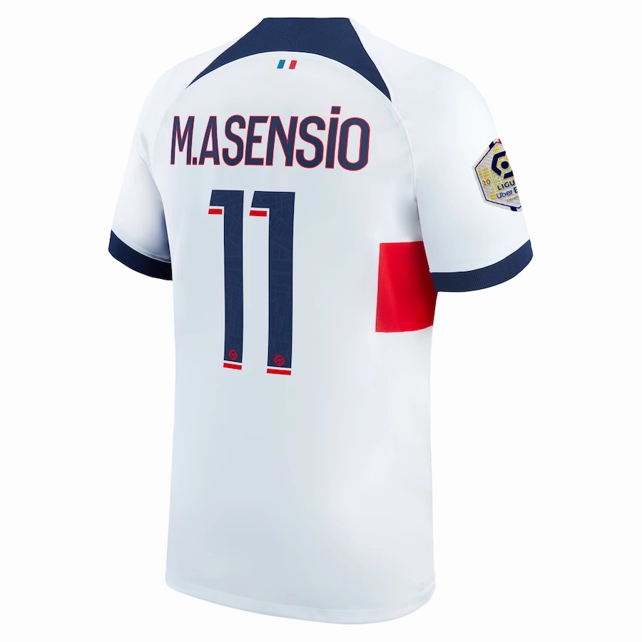Non Chafing Seam Finish Nike Paris Saint-Germain Marco Asensio Away Jersey w/ Ligue 1 Patch 23/24 (White/Midnight Navy)