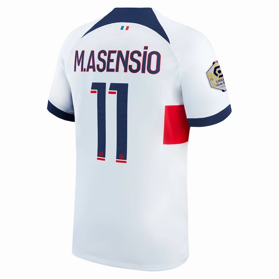 Nike Paris Saint-Germain Marco Asensio Away Jersey w/ Ligue 1 Patch 23/24 (White/Midnight Navy) Bonded Stitch Details