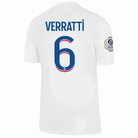 Nike Paris Saint-Germain Marco Verratti Third Jersey w/ Ligue 1 Champion Patch 22/23 (White/Old Royal) Fade Resistant Dye