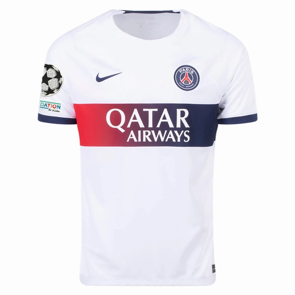 Nike Paris Saint-Germain Nuno Mendes Away Jersey w/ Champions League Patches 23/24 (White/Midnight Navy) Rugged Wear