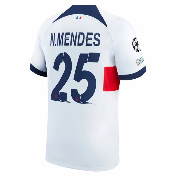 Nike Paris Saint-Germain Nuno Mendes Away Jersey w/ Champions League Patches 23/24 (White/Midnight Navy) Low Profile Drop Shoulder