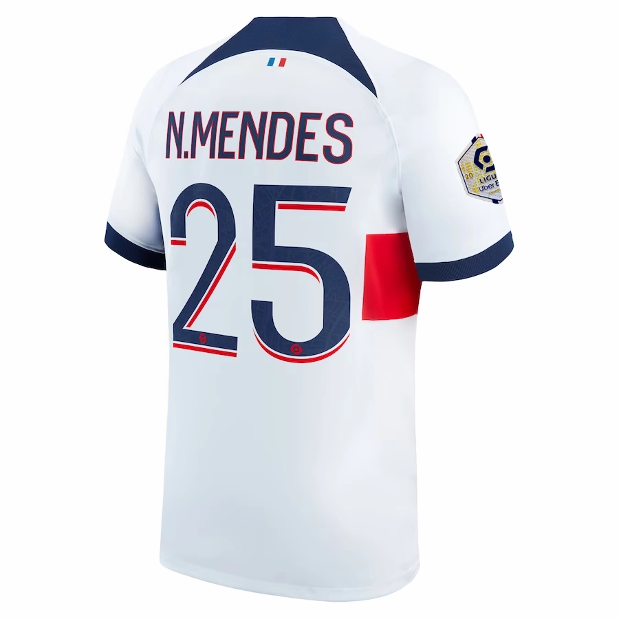 Breath Panel Nike Paris Saint-Germain Nuno Mendes Away Jersey w/ Ligue 1 Patch 23/24 (White/Midnight Navy)