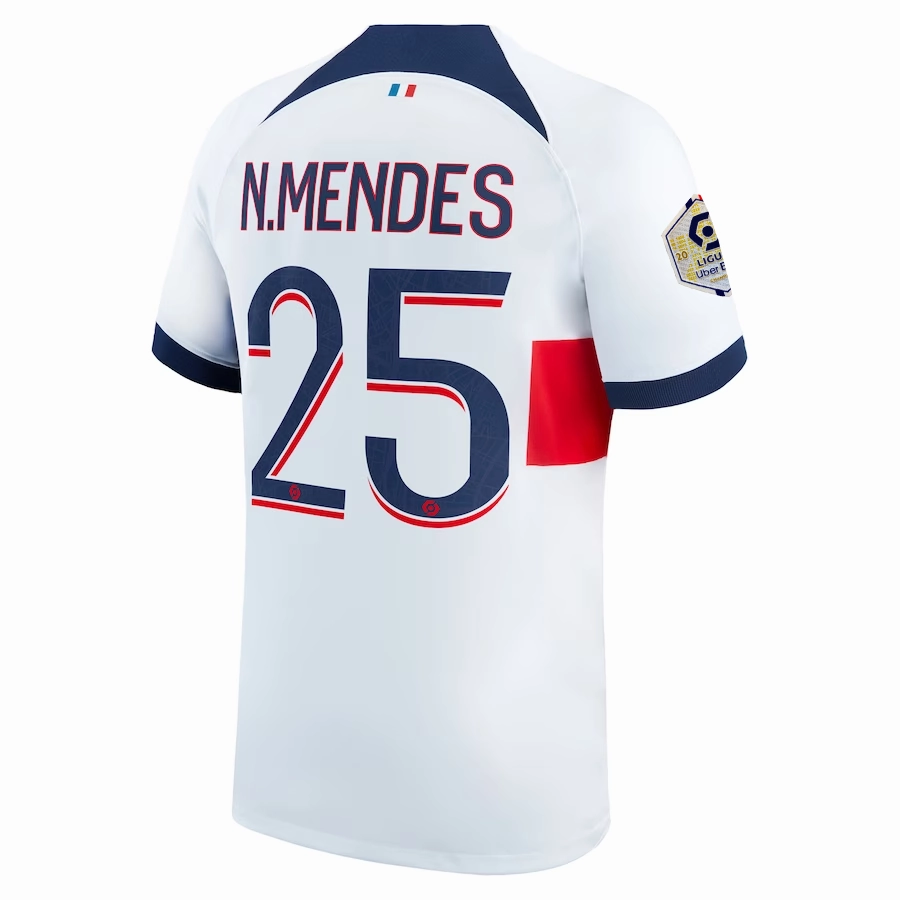 Nike Paris Saint-Germain Nuno Mendes Away Jersey w/ Ligue 1 Patch 23/24 (White/Midnight Navy) Colorfast Dye Process Street Style